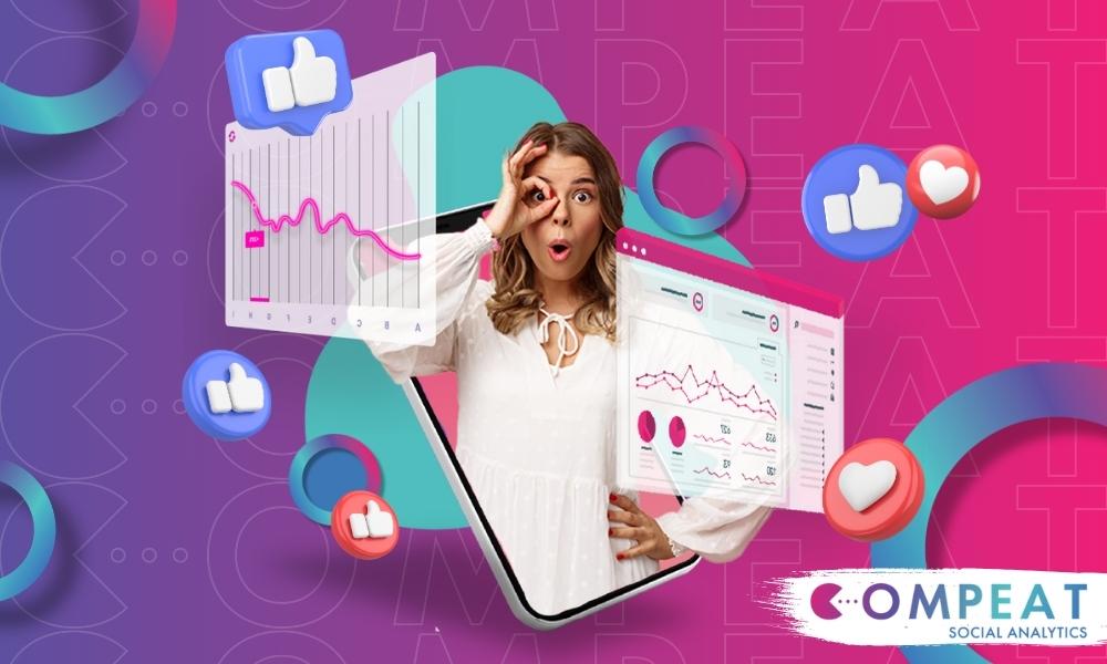 Colorful image showcasing analytics reports floating around a woman coming out of a laptop looking surprised